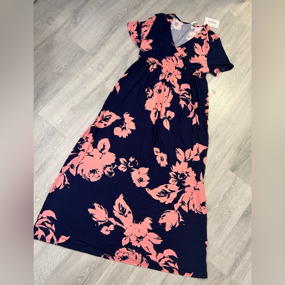 🆕Xpenyo XL Maternity Navy Blue and Pink Short Sleeved Ruched Floral Maxi Dress - Picture 2 of 7